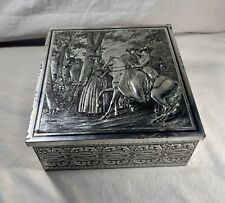 🚨Vintage Biscuit Cookie Tin Box Silver Colonial Woman Horse Riding Courting  picture
