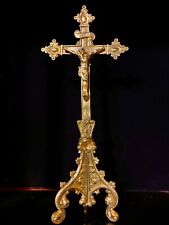 Antique Cast Metal Brass Crucifix Alter Free Standing  Base Ornate Legs 12” X 6” picture