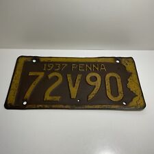 1937 Pennsylvania License Plate Antique Vintage Registration Plate Tag #72V90 picture