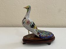 Vintage Chinese Cloisonne Peacock Bird Figurine on Wood Stand picture