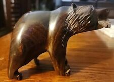 Vintage Hand Carved Ironwood Grizzly Bear With Fish Figurine Dark Wood 4” picture
