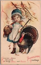 c 1910s WOLF Thanksgiving Postcard Girl / Turkey - Un-Signed CLAPSADDLE - Unused picture