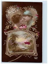 c1930's Soldier Couple Romance Heart Flowers House Boat WWI Antique Postcard picture
