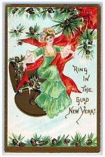 New Year Postcard Pretty Girl Sat On Bells Pinecone Embossed c1910's Antique picture