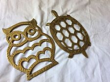 VTG Brass lot Owl Turtle animal huge Footed Trivet hot plates Wall art Pot stand picture