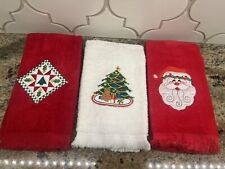 Set of 3 Vintage Christmas Hand Towels Embroidered Tree Santa picture