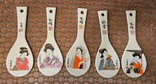 5 Flat Rice Paddle Spoons With Different Geisha Girl Painted, Ceramic picture