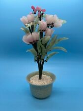 Vintage Chinese Jade Tree Glass Pink Flowers Leaves Floral Sculpture Bonsai 9.5