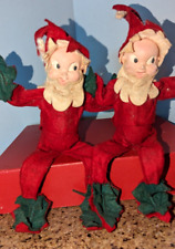 Vtg 40's Chalkware Santa Claus Christmas pixie Elf set of 2 poseable felt As Is picture