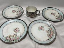 Antique Hand Painted Teacup & Saucers (5pc) Light Blue & Floral From Japan picture