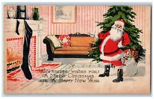 1921 Christmas And New Year Santa Claus Sack Of Toys Hanging Stockings Postcard picture