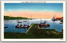 Little Harbor Woods Hole Cape Cod Massachusetts Waterfront Boats Linen Postcard picture