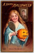 Happy Halloween Postcard 1909 Girl Lady Mirror JOL Artist Ellen Clapsaddle picture