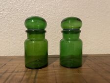2 Vintage Belgium Green Glass Bubble Lid Apothecary Jars 1960’s picture