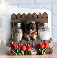 Panting Pug Dog By Fences & Flower Bed Dinner Napkin Salt Pepper Shakers Holder picture