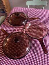 Vintage Pyrex Corning Vision Ware Amber Glass Skillet Fry Pan 5 Piece Set picture