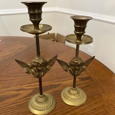 Pair Vintage Brass Cherub Angel Candle Holders  9” & 8” picture