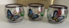 Vintage Floral Butterfly Crackle Painted Glass Yankee Votive Candle Holder set 3 picture