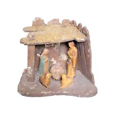 Vintage Nativity Set Scene Christmas Manger Wood Stable Plastic Figures 6