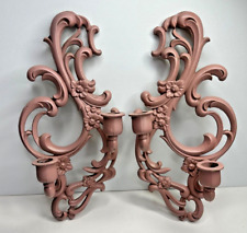 Sexton candle Holder wall decor Mauve Pink Scroll Flower Set 2 VTG picture