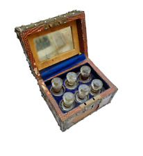 Old Antique Wood Handmade & Brass Work Glass Perfume Bottle Wooden Lock Box Key picture