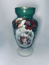 Vintage Large Tall Opaline Glass Vase Hand Painted Green & Red Flowers Gold Trim picture