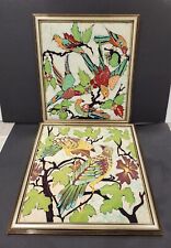 (2) VTG Framed Asian Chinese (?) Fabric Bird Art Prints - Stained Glass Pattern picture