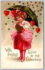 Clapsaddle Valentine Raining Hearts~Victorian Girl in Pink~Umbrella~Gold Emboss picture