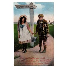 Canon City Colorado Sign Posts 1909 Postcard Milk Maid Man Milk Bucket Posted picture