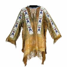 Old Style Beige Buckskin Suede Hide Fringes Beaded Powwow War Shirt NHS14 picture