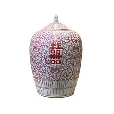 Chinese Coral Pink White Floral Double Happiness Graphic Point Lid Jar ws2600 picture