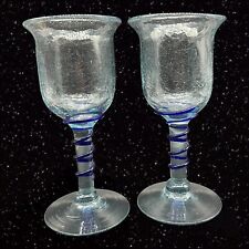 Hand Blown Glass Goblet Wine Water Set Applied Cobalt Swirl Crackle Glass 7.5”T picture