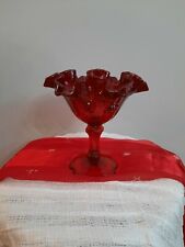 VTG Fenton Ruby Red Glass Floral Pattern  Ruffled Compote Candy Dish 6.5 x 6