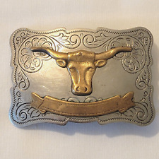 VTG Texas Longhorn Belt Buckle Western 2 Tone Handmade Engraved Design picture