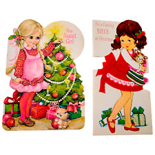2 Vintage Pretty Girl Lady Cat Christmas Greeting Card LOT 60s 70s Cute Sweet picture