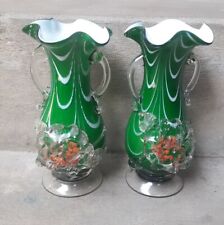 2 PCS VINTAGE GREEN FLOWER GLASS VASE ENAMEL PAINTED RARE COLLECTIBLE. picture