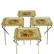 Metal TV Tray Table Set of 4 Folding Stand Floral Shabby Chic Retro MCM Vintage picture