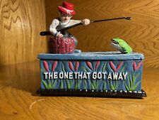 Vintage The One That Got Away Fisherman Cast Iron Working Piggy Money Bank B&P picture