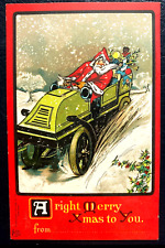 Rare~Santa Claus  in Green Car with Toys~Snow~Antique~Christmas Postcard~k304 picture