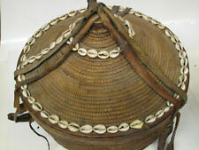 Large Antique Ethiopian Harari Woven Grass Basket Leather Trim Cowrie Shell 28” picture