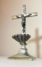 antique silverplate religious altar cross crucifix holy water Jesus Christ stand picture