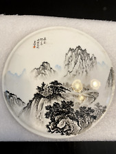 Vintage porcelain plate with Chinese ink painting of mountains & trees w/ stamp picture