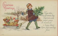 Christmas Greetings Postcard, Girl walking Sleigh w Presents Tree,20s Unposted picture