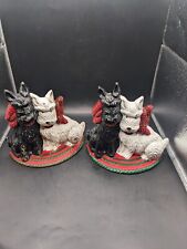 Vtg PAIR WHITE SCOTTIE DOGS CAST IRON DOOR STOP Book Ends Red Bow Terrier  picture