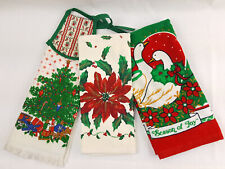 Lot of 3 Vintage Christmas New Unused Kitchen Towel Tree Poinsettia Geese picture