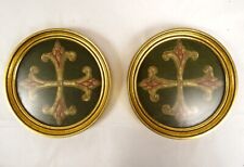 Pair Embroidered Son Gold Cross Stylish Frame Golden Round 19th Century picture