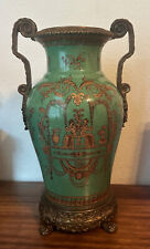 Vintage Chinese Green Porcelain & Bronze Mantel Vase Urn, 14.25