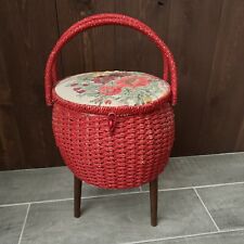 Vtg Wicker Sewing Basket With Legs Needlepoint Floral Red Exclusively For Singer picture