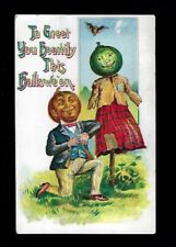 Early 1900's Halloween Postcard Green JOL Scarecrow, JOL Head Man picture