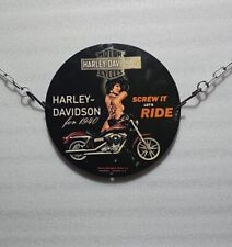 RARE HARLEY DAVIDSON MOTORCYCLE PINUP GIRL PORCLEAIN GAS OIL PUMP PLATE AD SIGN picture